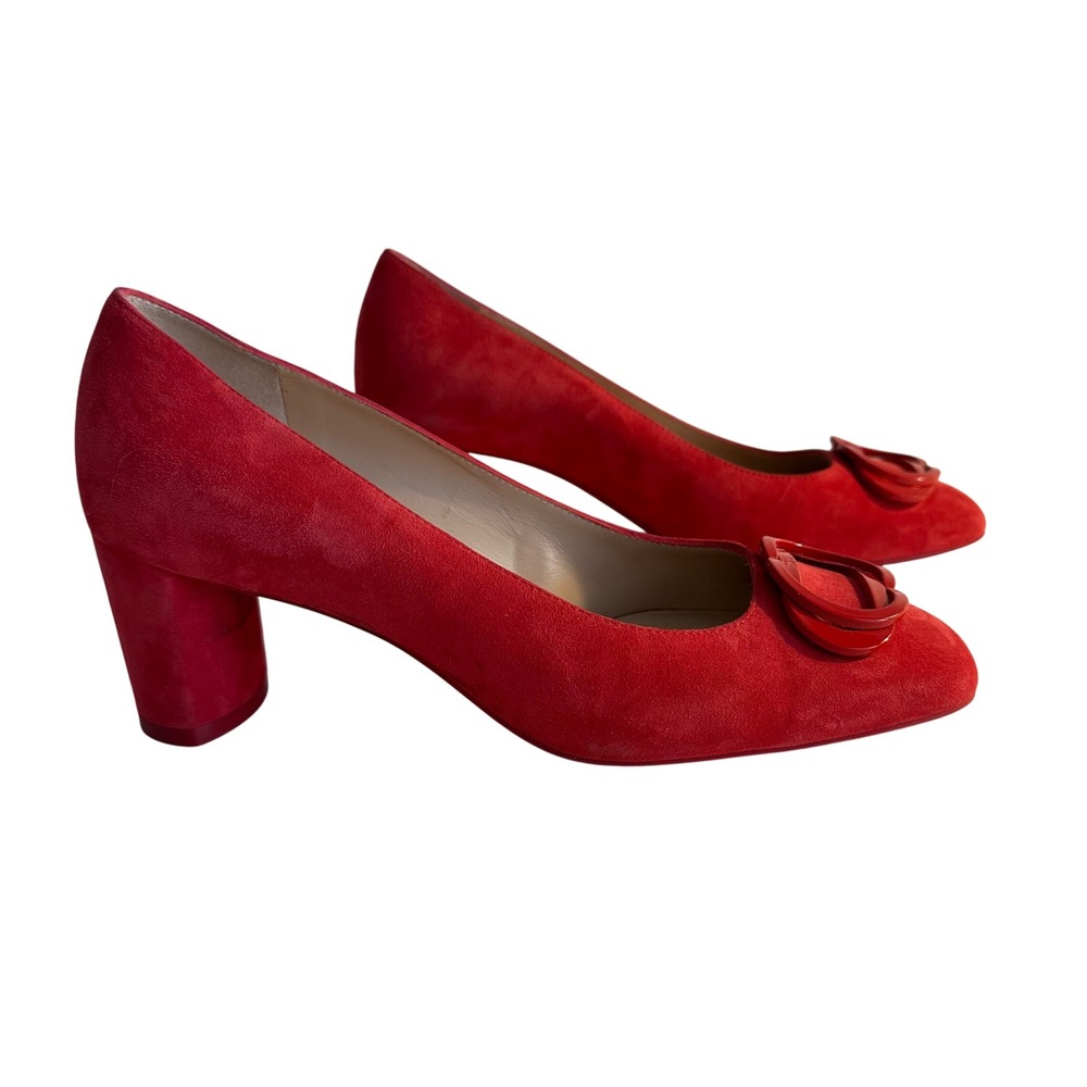 Stuart Weitzman Anicia Block Heel Pump Size 7B Red Suede Buckle‎ Accent Preppy